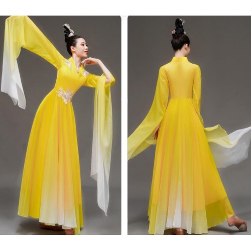 Women chinese folk dance dress yellow gradient waterfall sleeves fairy princess classical dance costumes for woman chinese folk hanfu empress cosplay gown